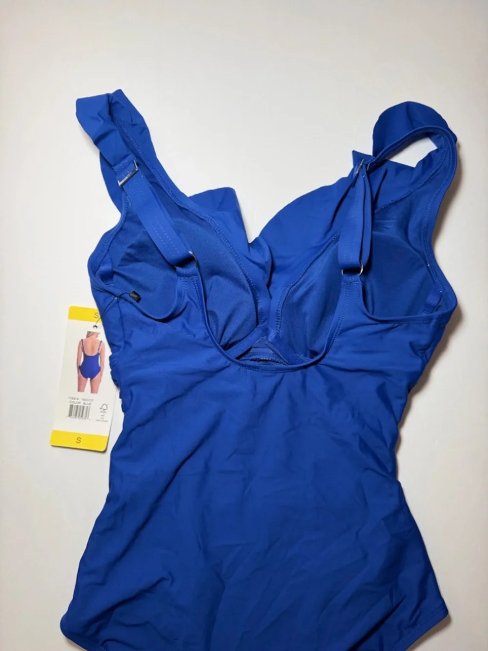 DKNY One Piece Swimsuit Small Blue Ruffle V-Neck Ruched Tummy Control NWT - Picture 6 of 8